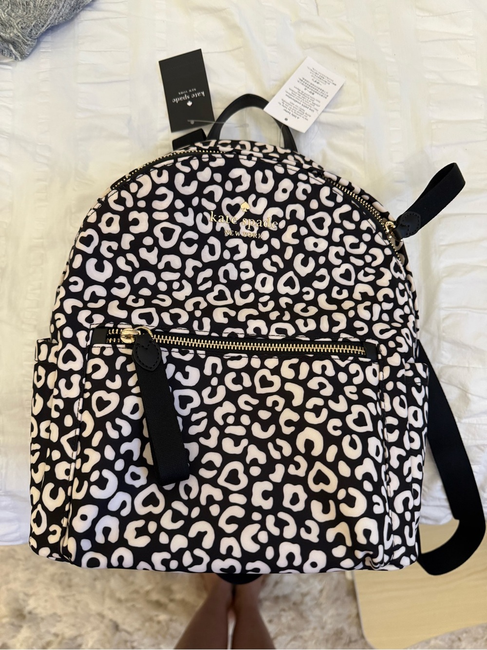 Kate spade Black & White Heart Leopard Print Backpack NWT New!